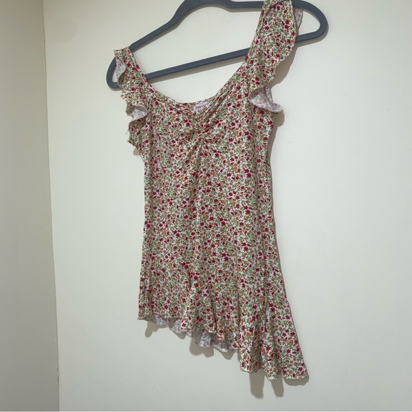 Womens  Y2K Party Girl Summer Floral V-Neck Diagonal Cut Flowy Sleeve stank Top - Picture 5 of 13